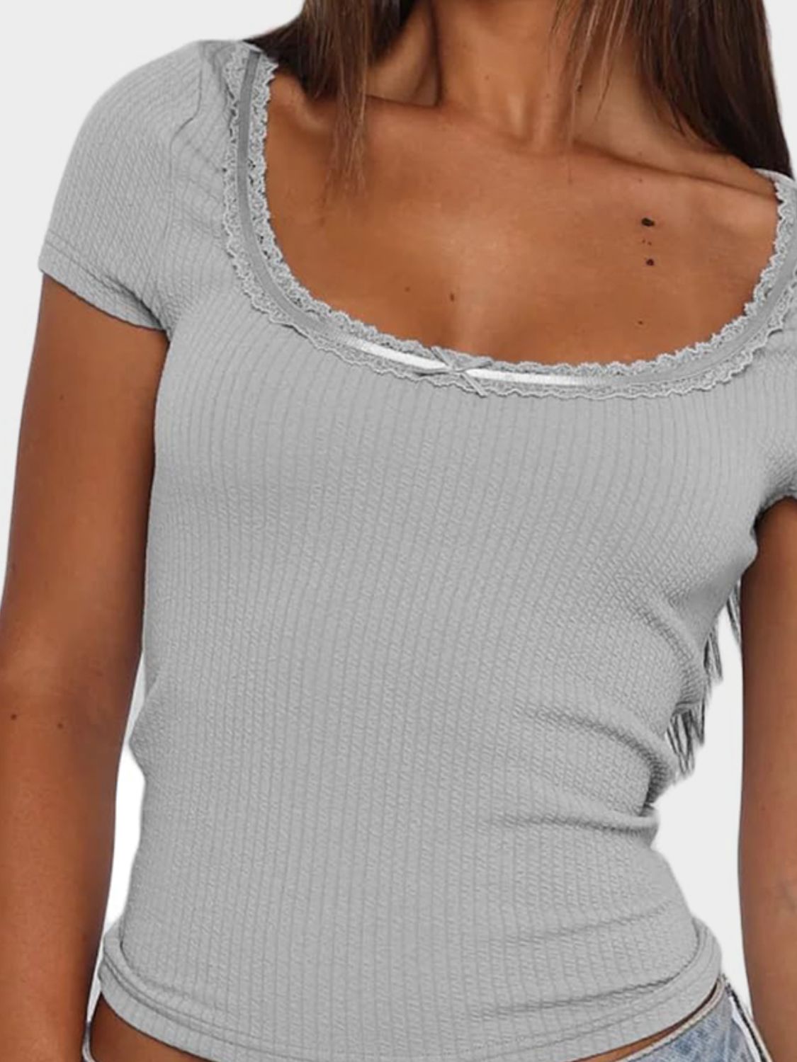 LIZAKOSHT  -  Lace Detail Scoop Neck Short Sleeve T-Shirt