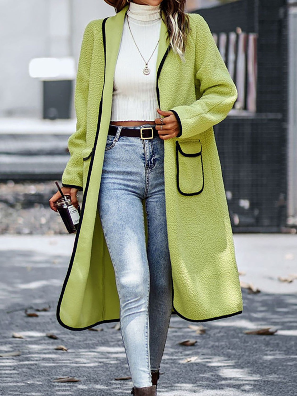 LIZAKOSHT  -  Full Size Contrast Trim Long Sleeve Coat with Pockets