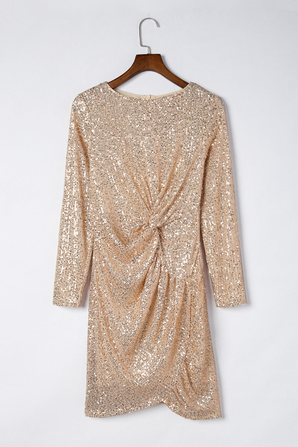 LIZAKOSHT  -  Sequin Knot Round Neck Long Sleeve Mini Dress