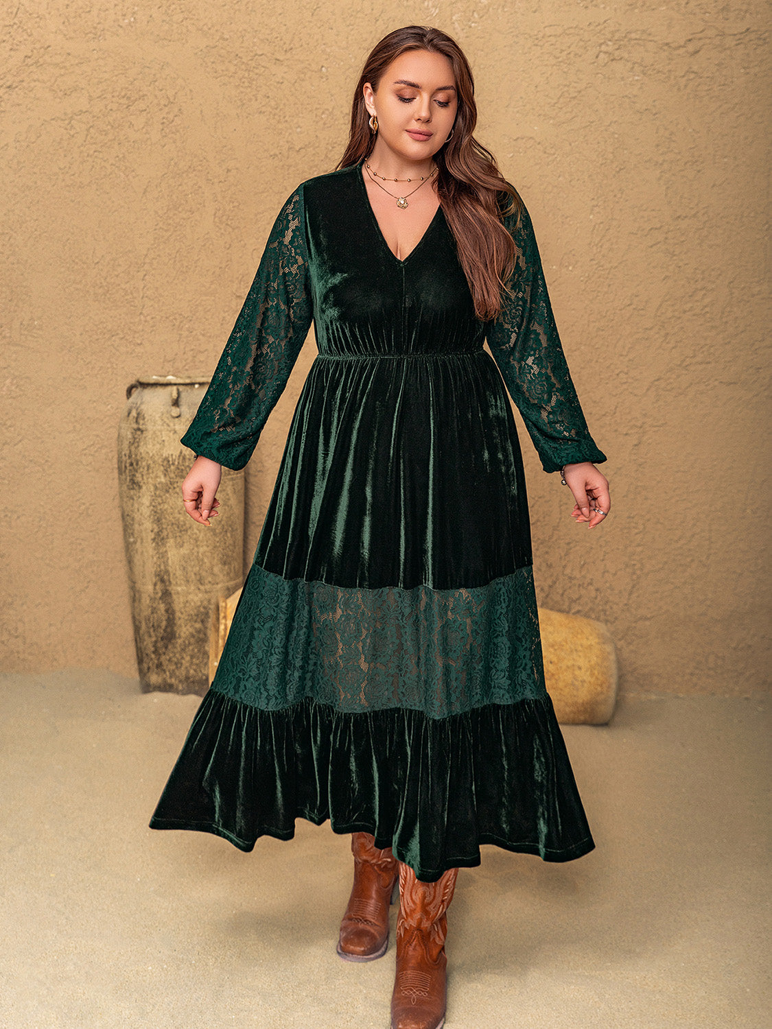 LIZAKOSHT  -  Plus Size Lace Patchwork V-Neck Balloon Sleeve Midi Dress