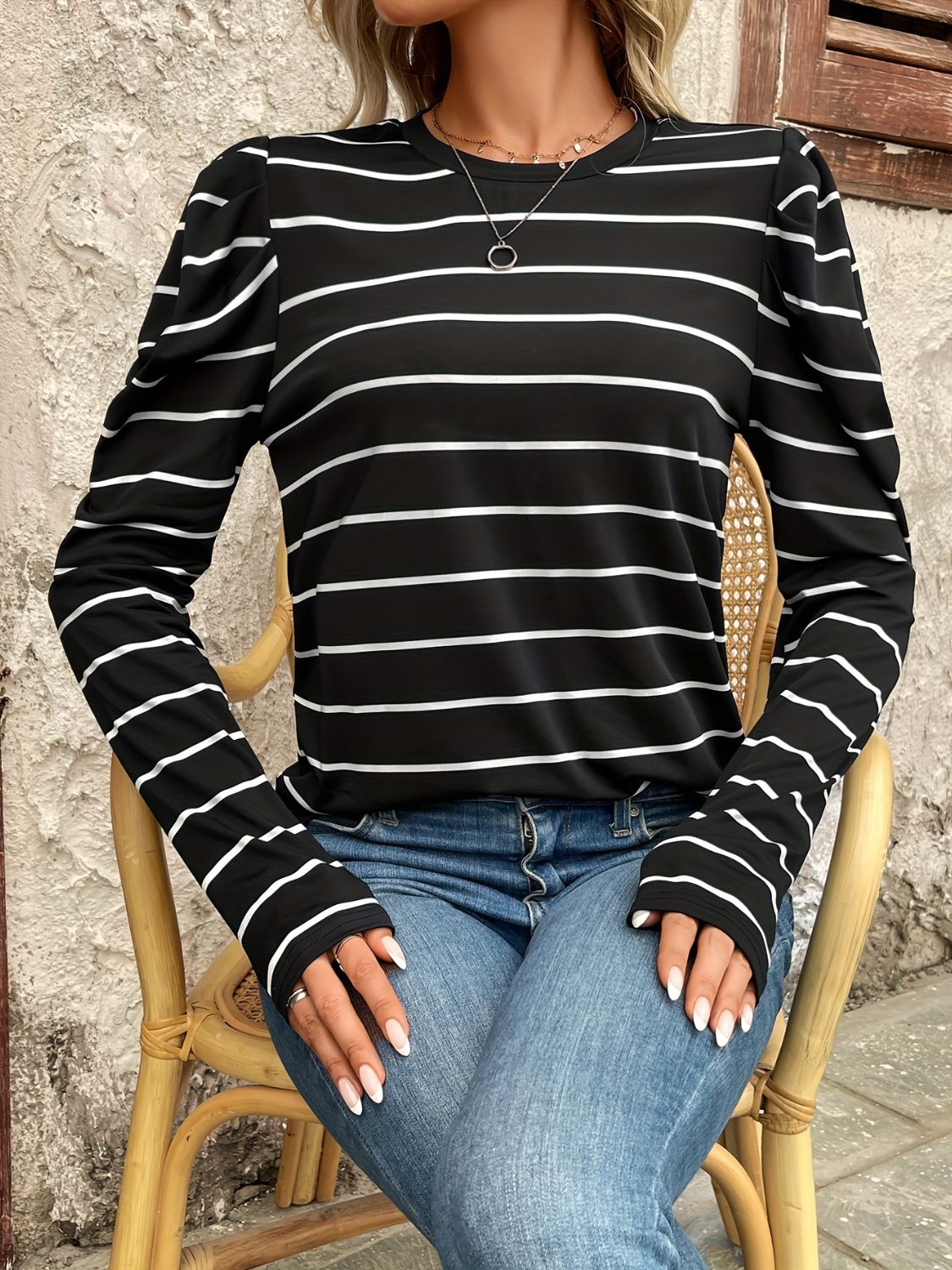 LIZAKOSHT  -  Full Size Striped Round Neck Puff Sleeve T-Shirt