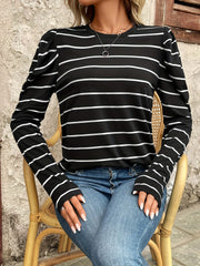 LIZAKOSHT  -  Full Size Striped Round Neck Puff Sleeve T-Shirt