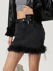 LIZAKOSHT  -  Plush Hem Mini Denim Skirt