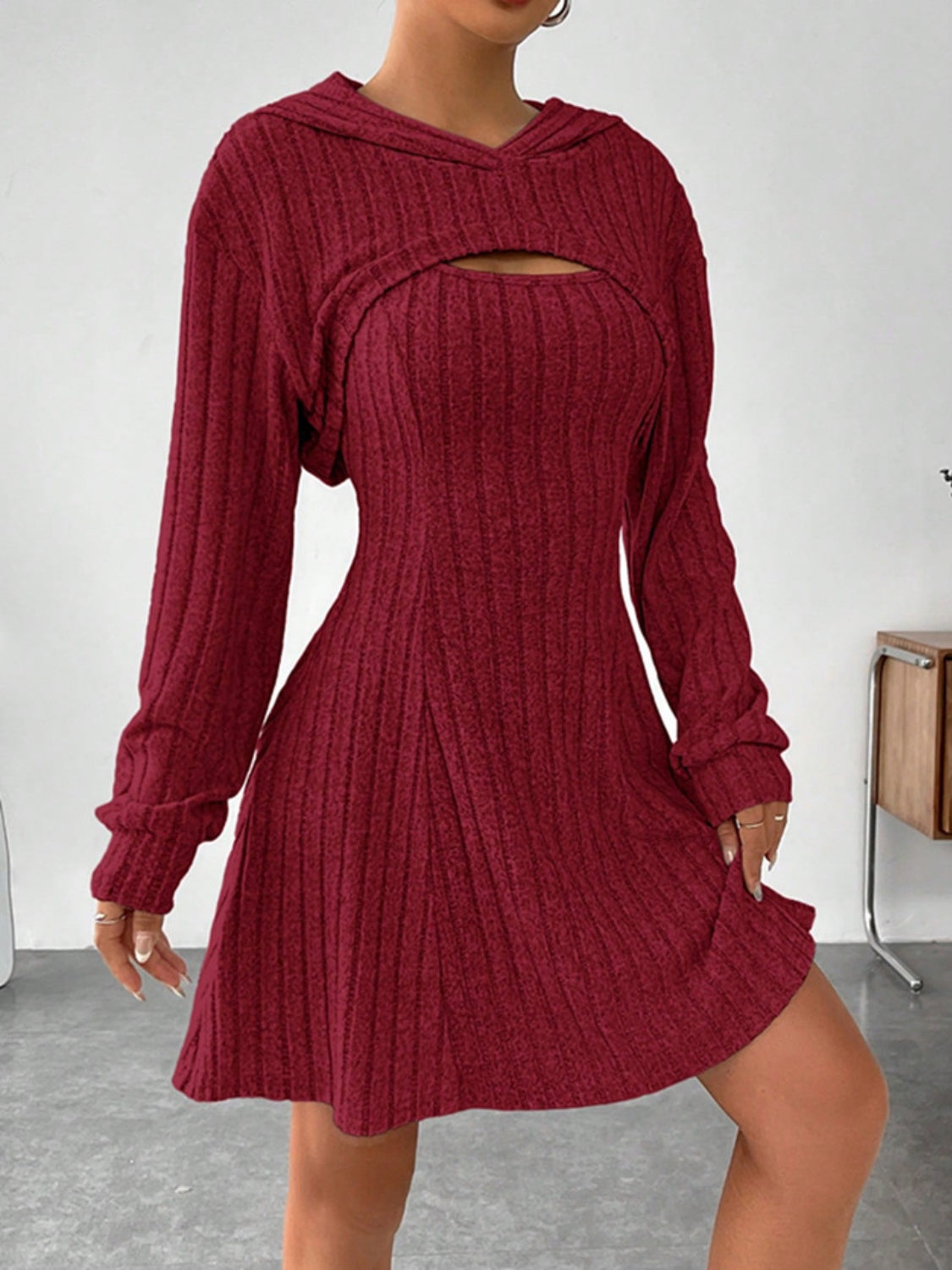 LIZAKOSHT  -  Wide Strap Dress and Long Sleeve Hooded Top Set