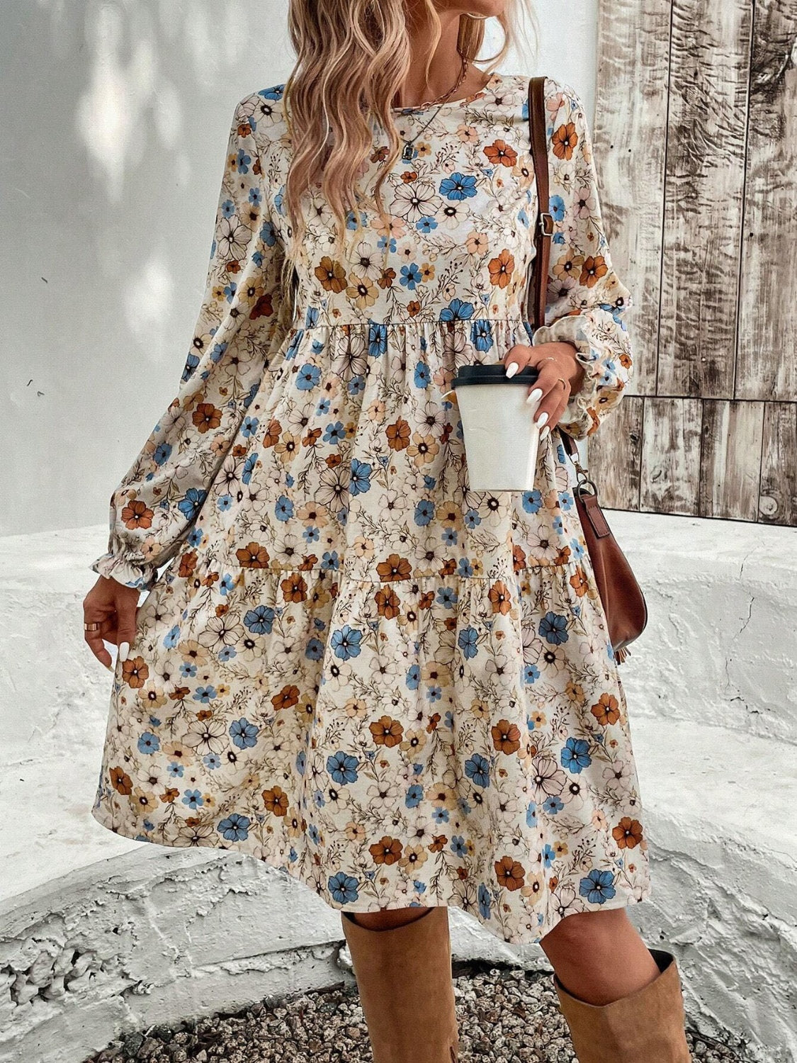 LIZAKOSHT  -  Tiered Floral Round Neck Long Sleeve Dress