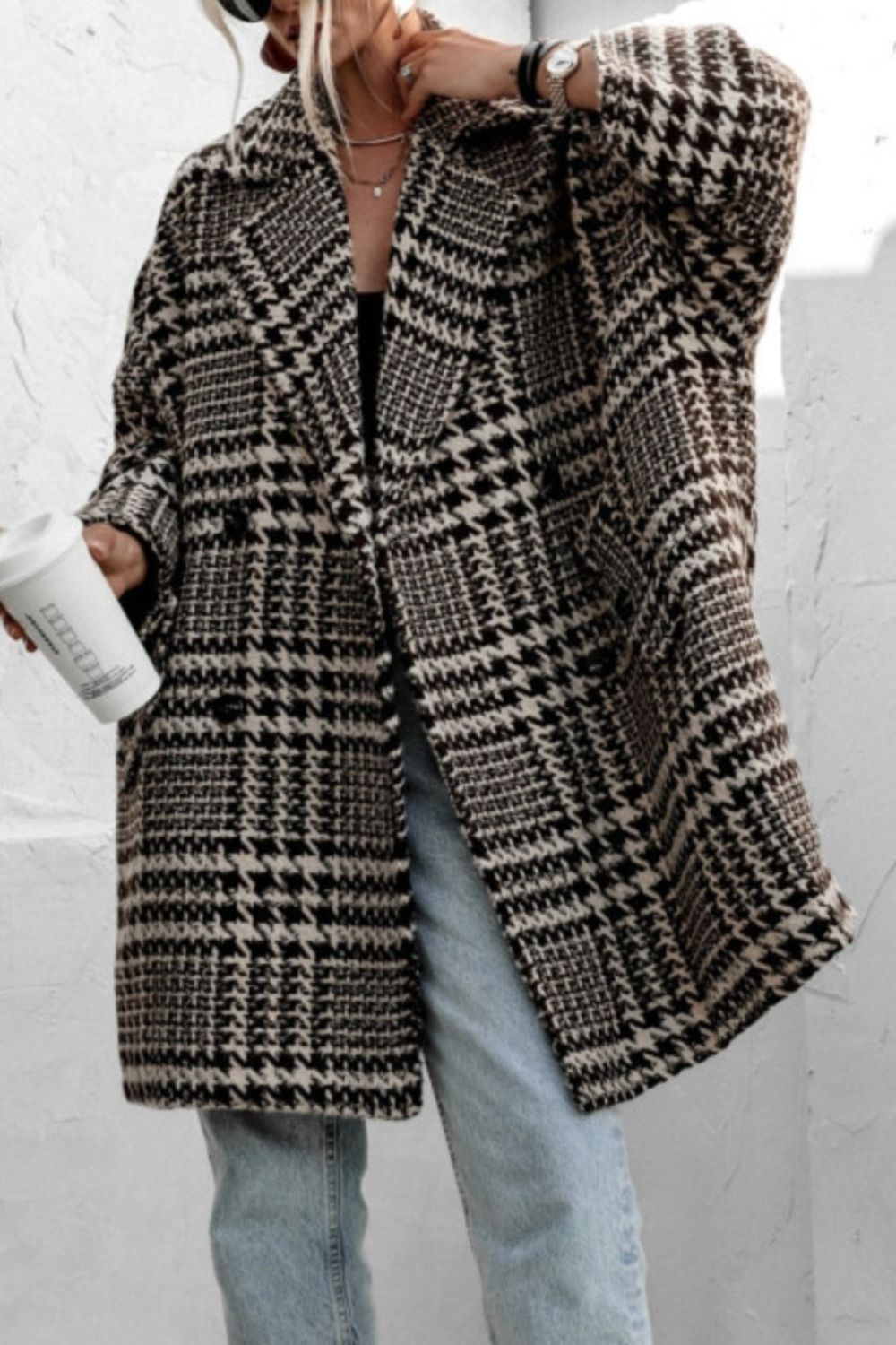 LIZAKOSHT  -  Houndstooth Collared Neck Long Sleeve Coat with Pockets