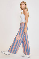 LIZAKOSHT  -  Umgee Peace Sign Patch Striped Wide Leg Pants