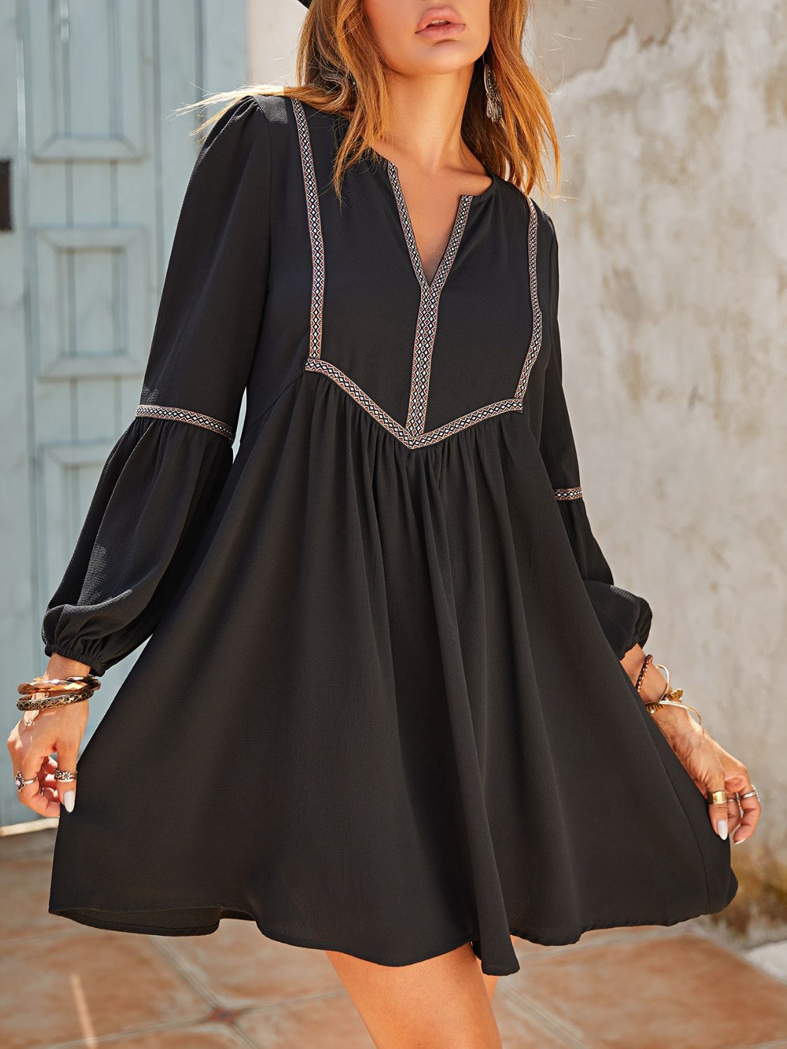 LIZAKOSHT  -  Ruched Notched Long Sleeve Mini Dress