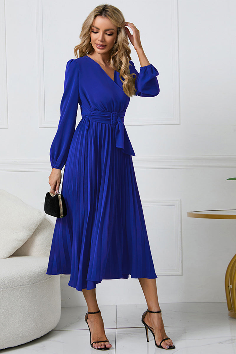 LIZAKOSHT  -  V-Neck Long Sleeve Tie Waist Midi Dress
