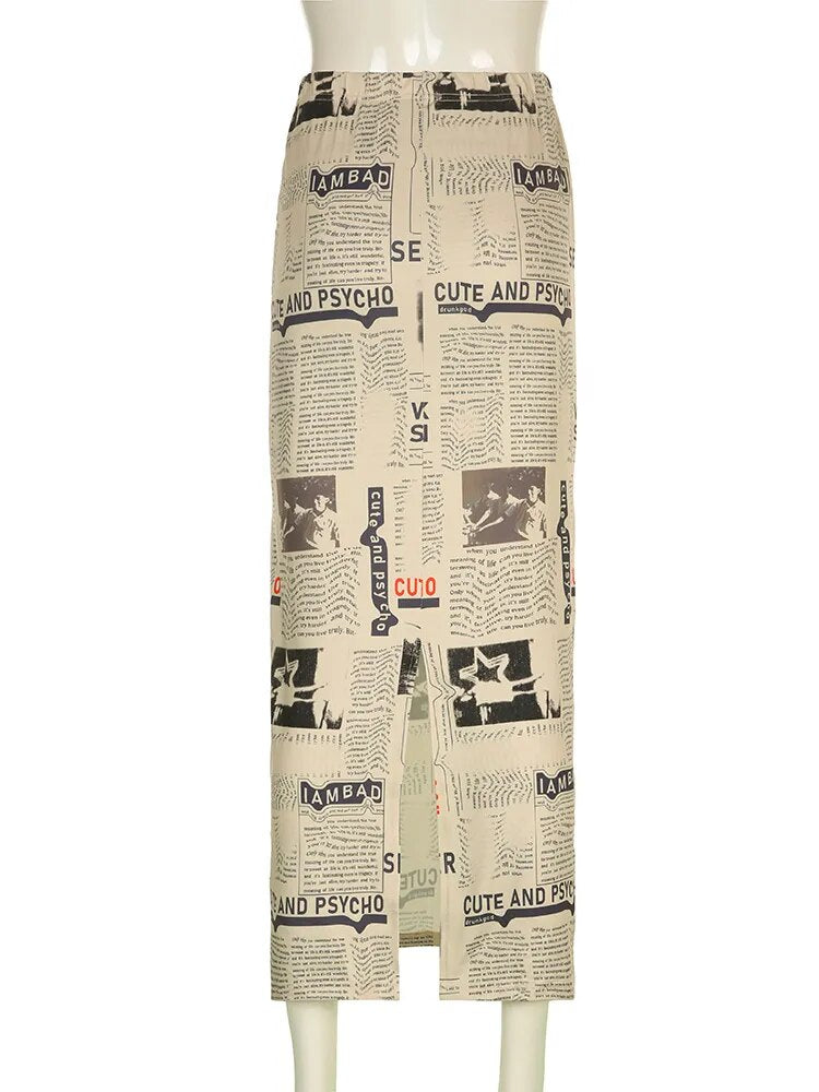 Lizakosht  Vintage Printed Long Skirt Women Y2k Grunge Green Cottagecore Low Waist Slim Straight Midi Skirt Girls 90s Aesthetic