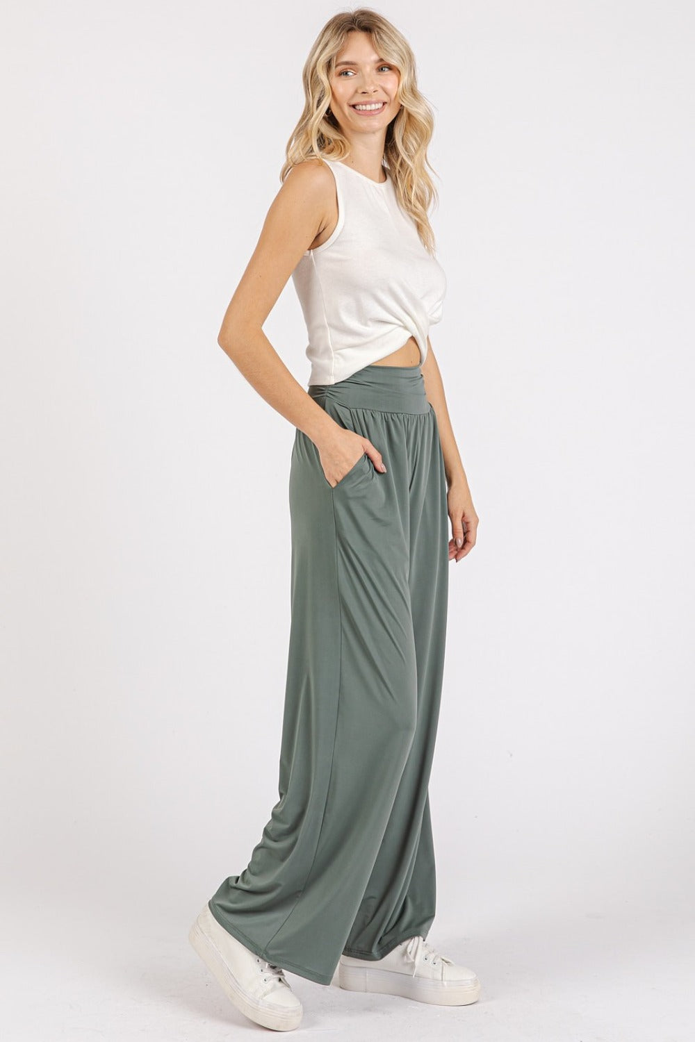 LIZAKOSHT  -  Mittoshop Stretch Banded Waist Wide Leg Pants with Pockets
