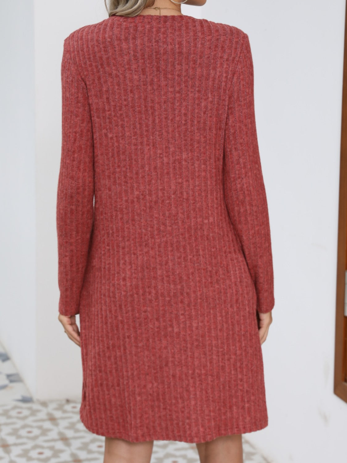 LIZAKOSHT  -  Decorative Button Round Neck Long Sleeve Dress