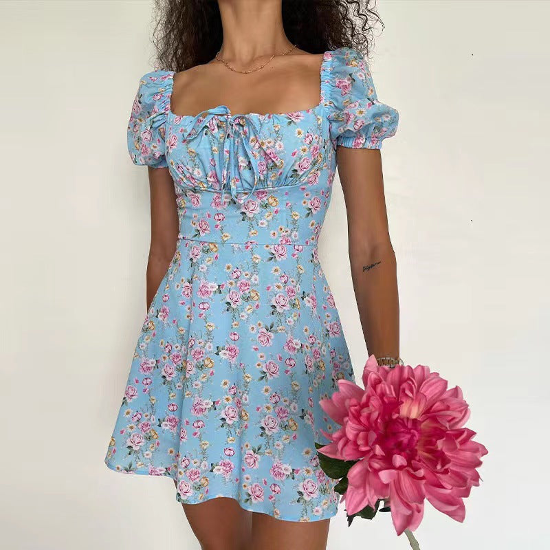LIZAKOSHT  -  Women Boho Dress Short Sleeve Flower Print Lacing Sundress Summer A-line Dress Vacation Holiday Outfit Female Clothes Streetwear