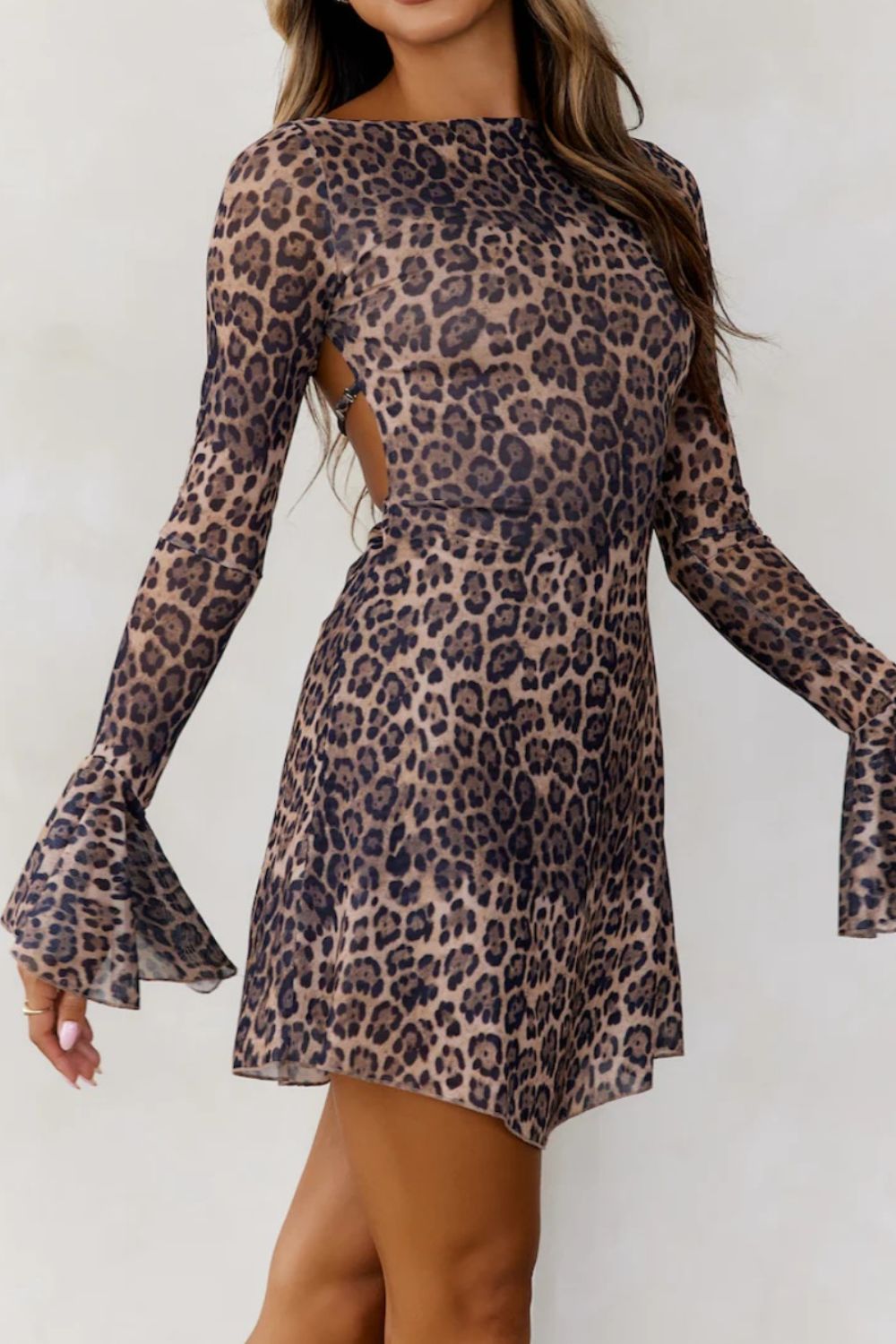 LIZAKOSHT  -  Backless Leopard Flare Sleeve Dress