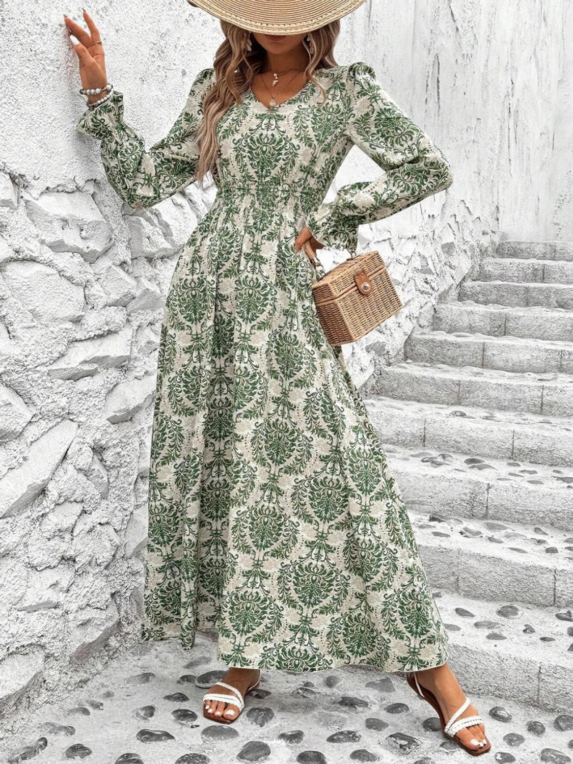 LIZAKOSHT  -  Smocked Printed V-Neck Flounce Sleeve Dress