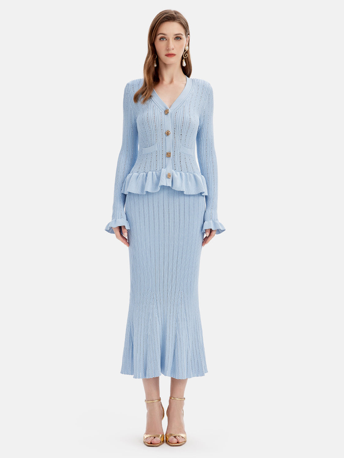 LIZAKOSHT  -  Ruffled V-Neck Top and Midi Skirt Sweater Set
