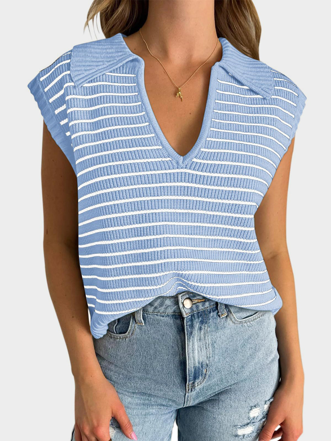 LIZAKOSHT  -  Mandy Collared Neck Striped Sweater Vest