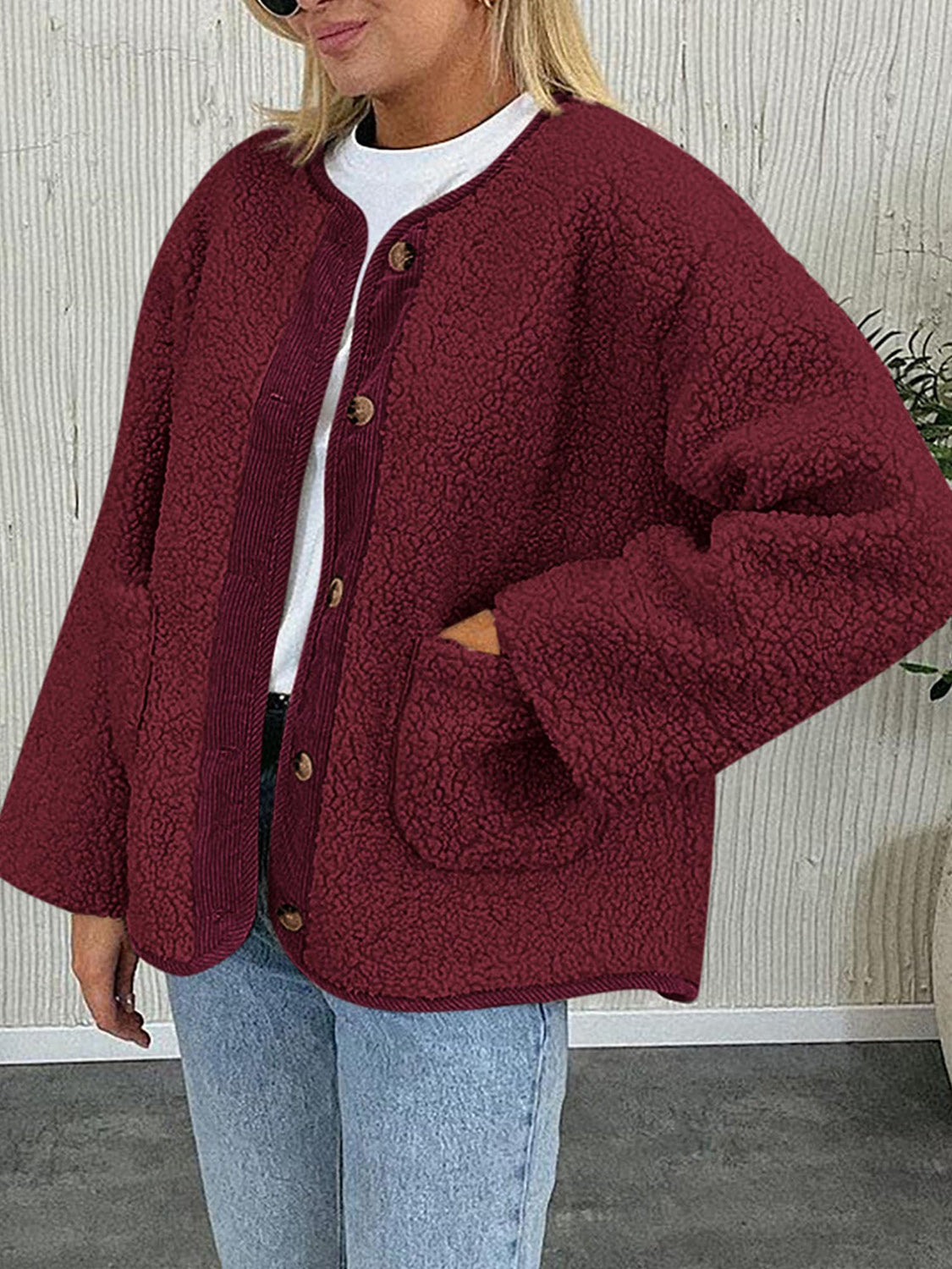 LIZAKOSHT  -  Contrast Button Up Sherpa Jacket with Pockets