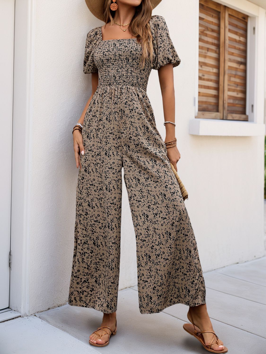 LIZAKOSHT  -  Perfee Smocked Printed Square Neck Puff Sleeve Jumpsuit
