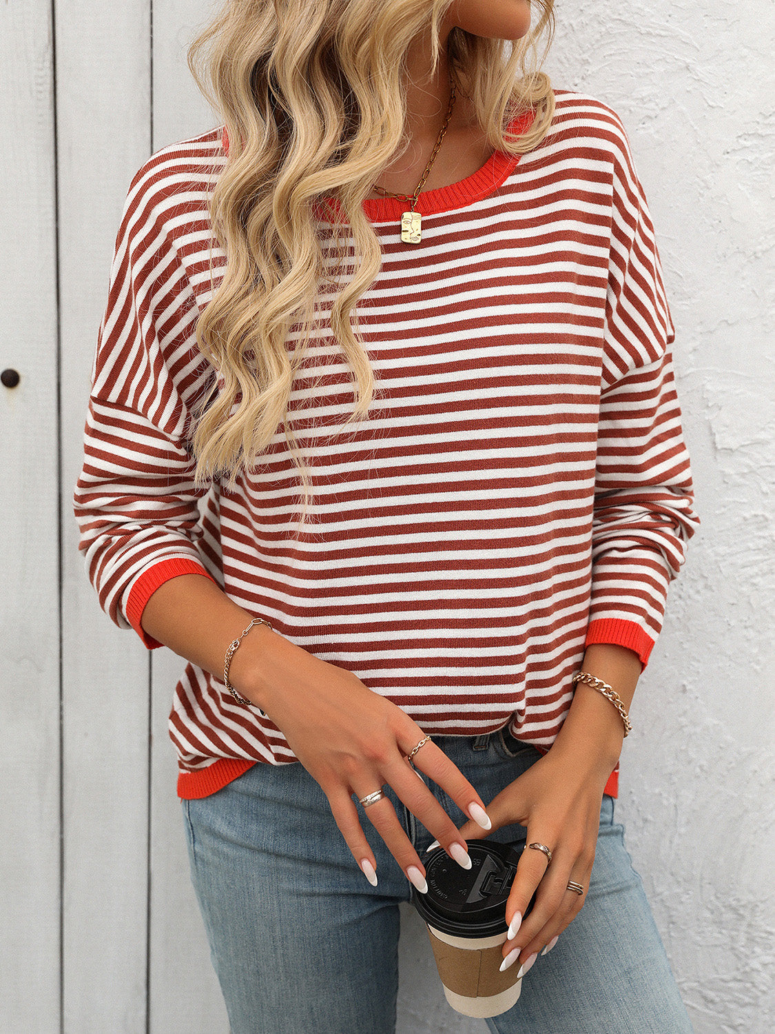 LIZAKOSHT  -  Striped Round Neck Long Sleeve Sweater