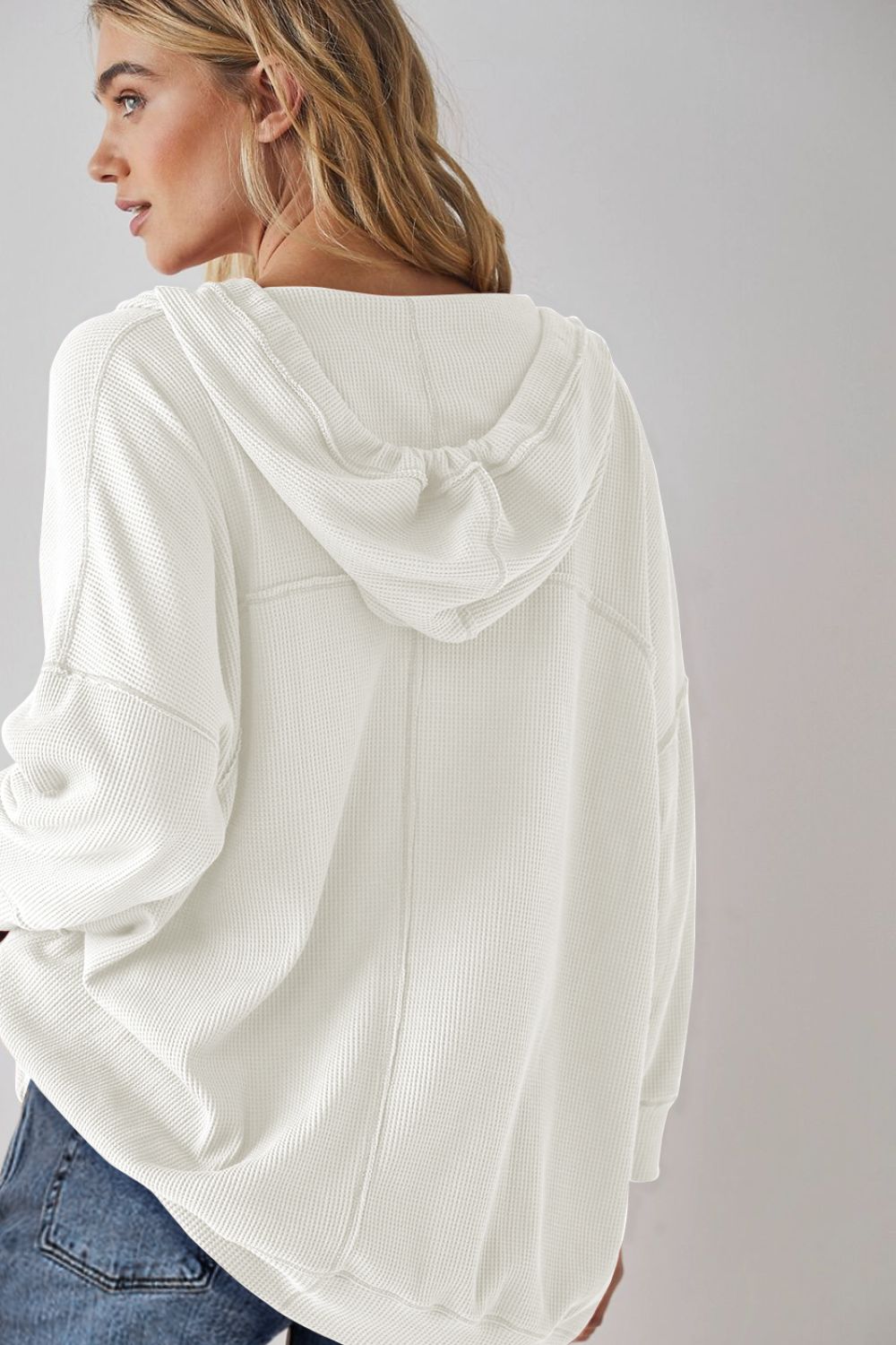 LIZAKOSHT  -  Exposed Seam Drawstring Long Sleeve Hoodie