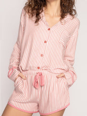 LIZAKOSHT  -  Striped Collared Neck Long Sleeve Top and Shorts Lounge Set