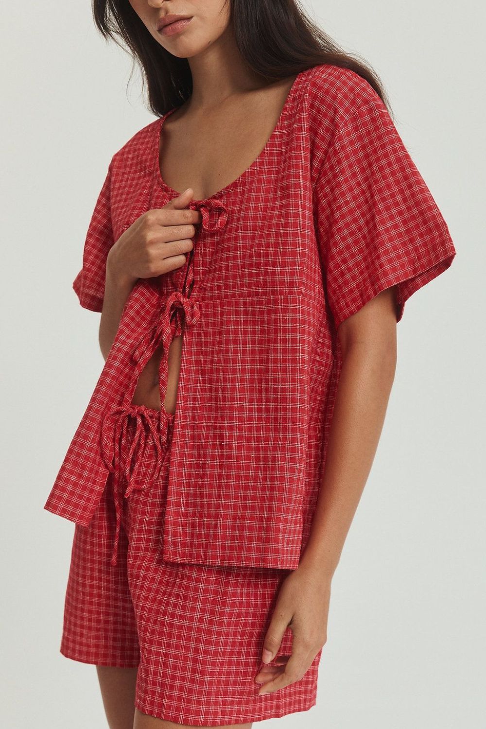 LIZAKOSHT  -  Plaid Tied Scoop Neck Short Sleeve Top and Drawstring Shorts Set