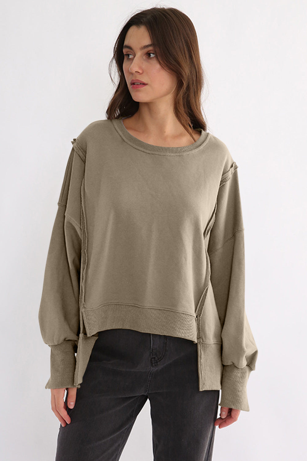 LIZAKOSHT  -  Exposed Seam High-Low Long Sleeve Sweatshirt
