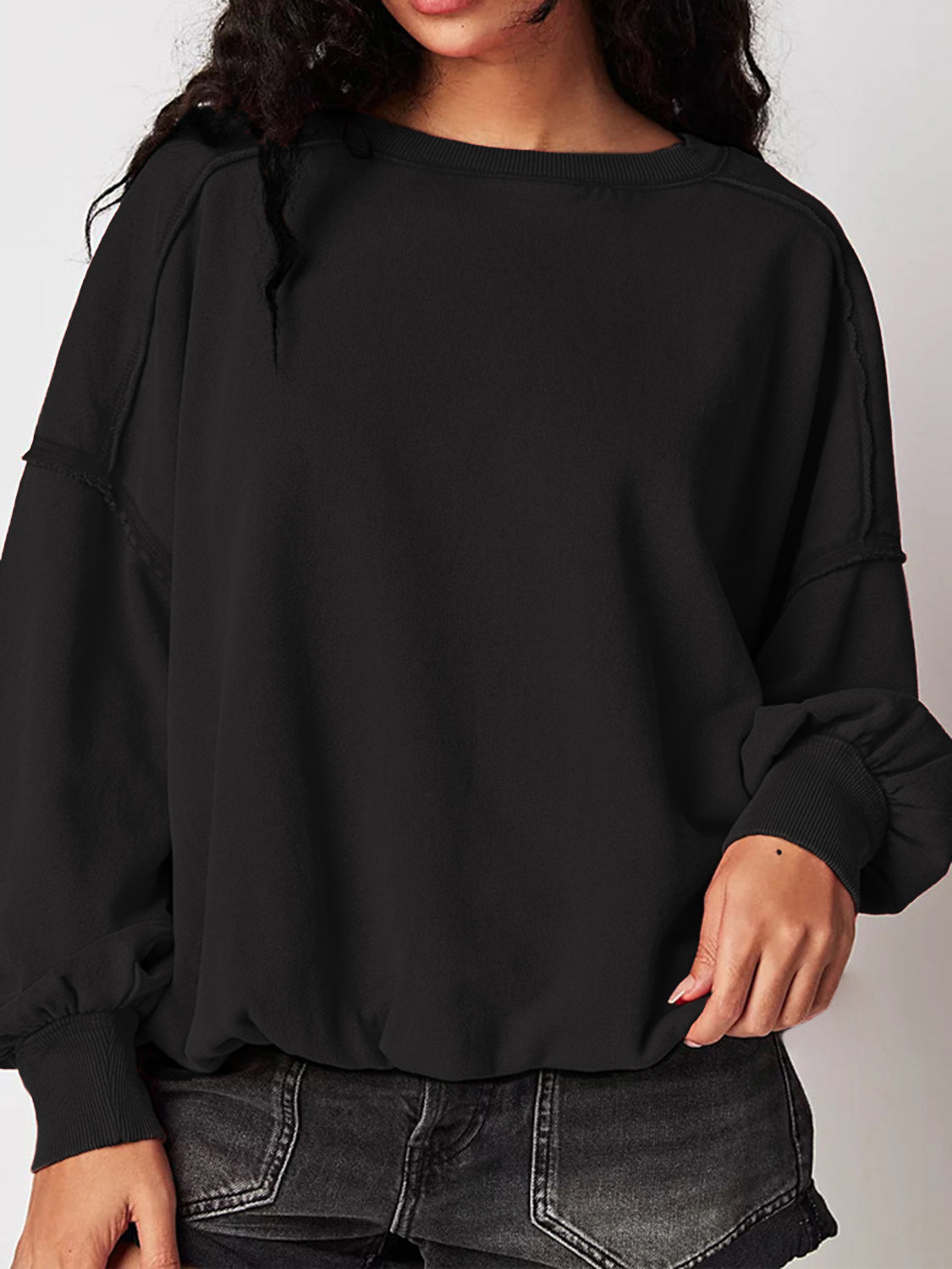 LIZAKOSHT  -  Exposed Seam Round Neck Long Sleeve Sweatshirt