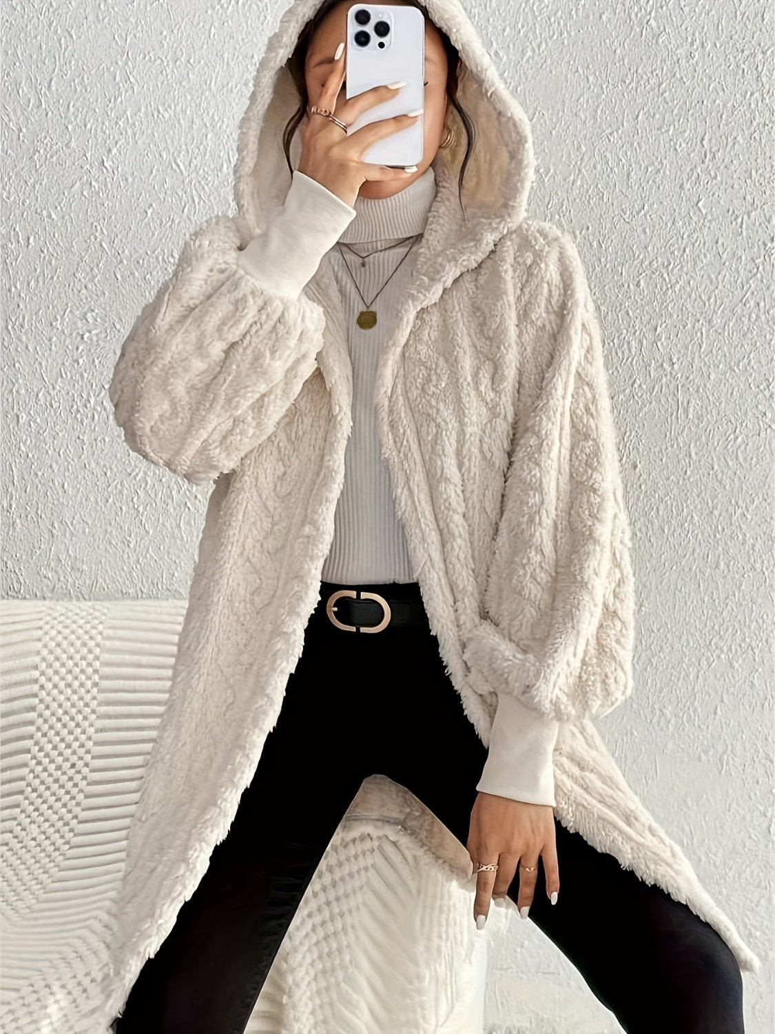 LIZAKOSHT  -  Open Front Long Sleeve Fuzzy Hooded Jacket