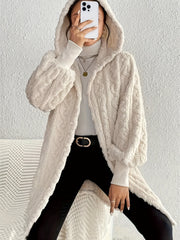 LIZAKOSHT  -  Open Front Long Sleeve Fuzzy Hooded Jacket