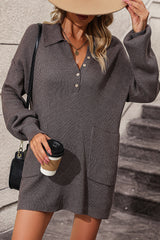 LIZAKOSHT  -  Collared Neck Long Sleeve Sweater Dress with Pockets