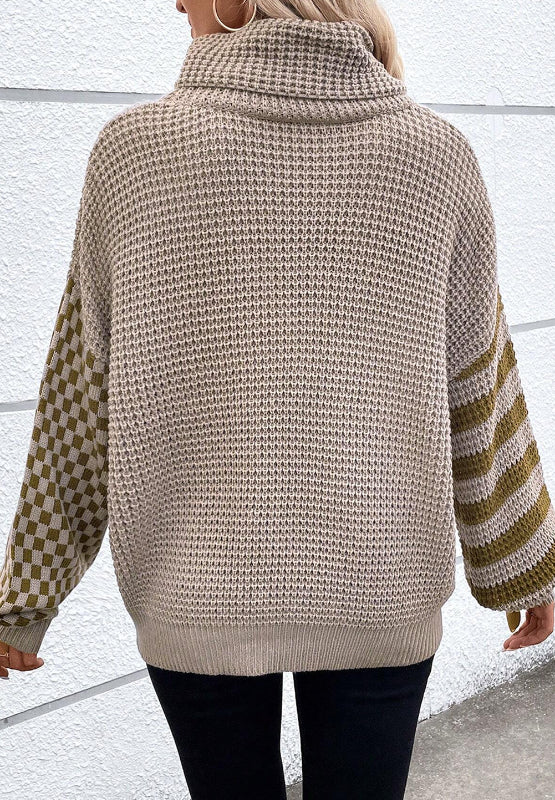 LIZAKOSHT  -  Striped & Checkered Turtleneck Dropped Shoulder Sweater