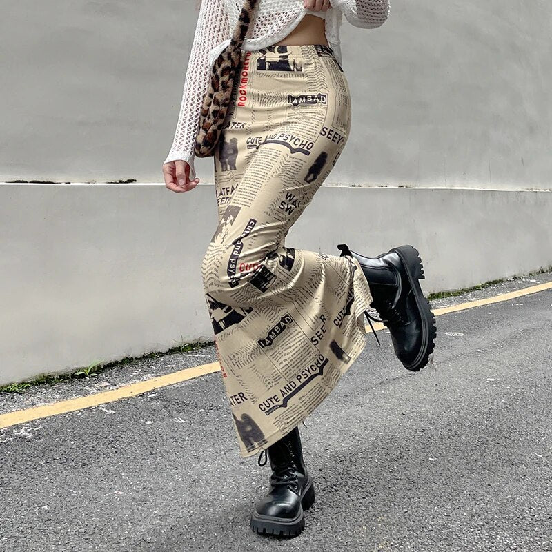 Lizakosht  Vintage Printed Long Skirt Women Y2k Grunge Green Cottagecore Low Waist Slim Straight Midi Skirt Girls 90s Aesthetic