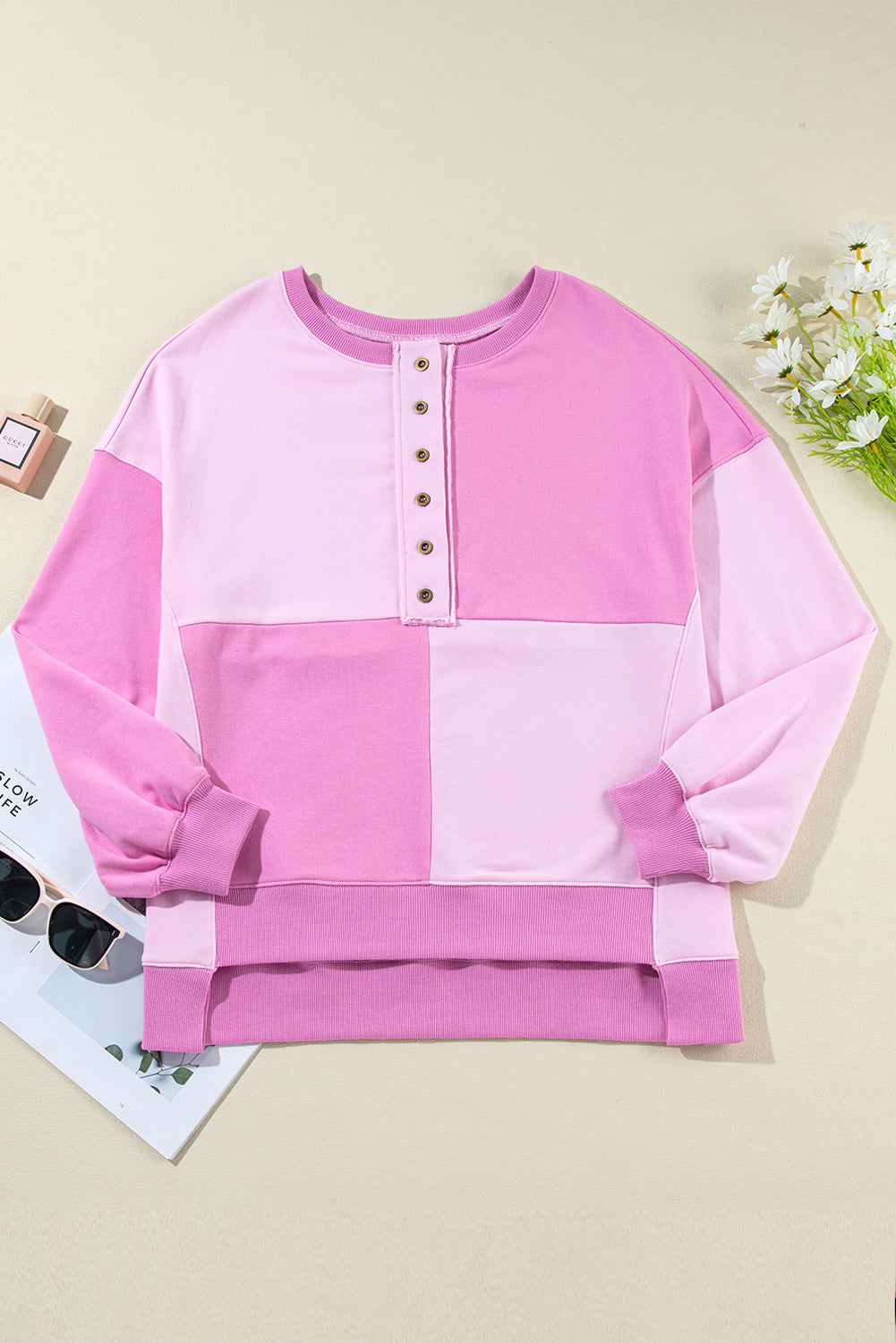 LIZAKOSHT  -  Color Block Half Button Long Sleeve Sweatshirt