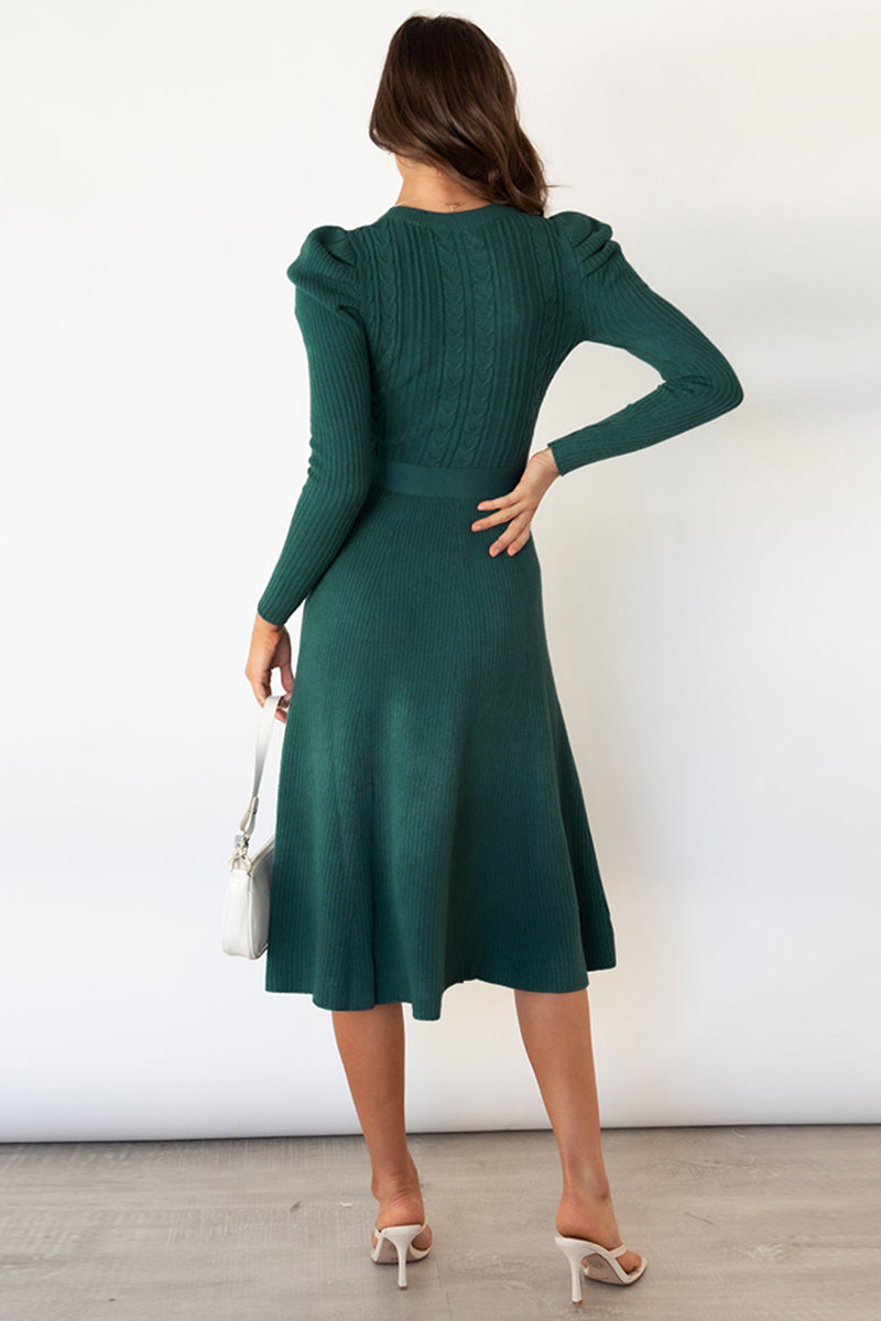 LIZAKOSHT  -  Round Neck Long Sleeve Tie Waist Sweater Dress