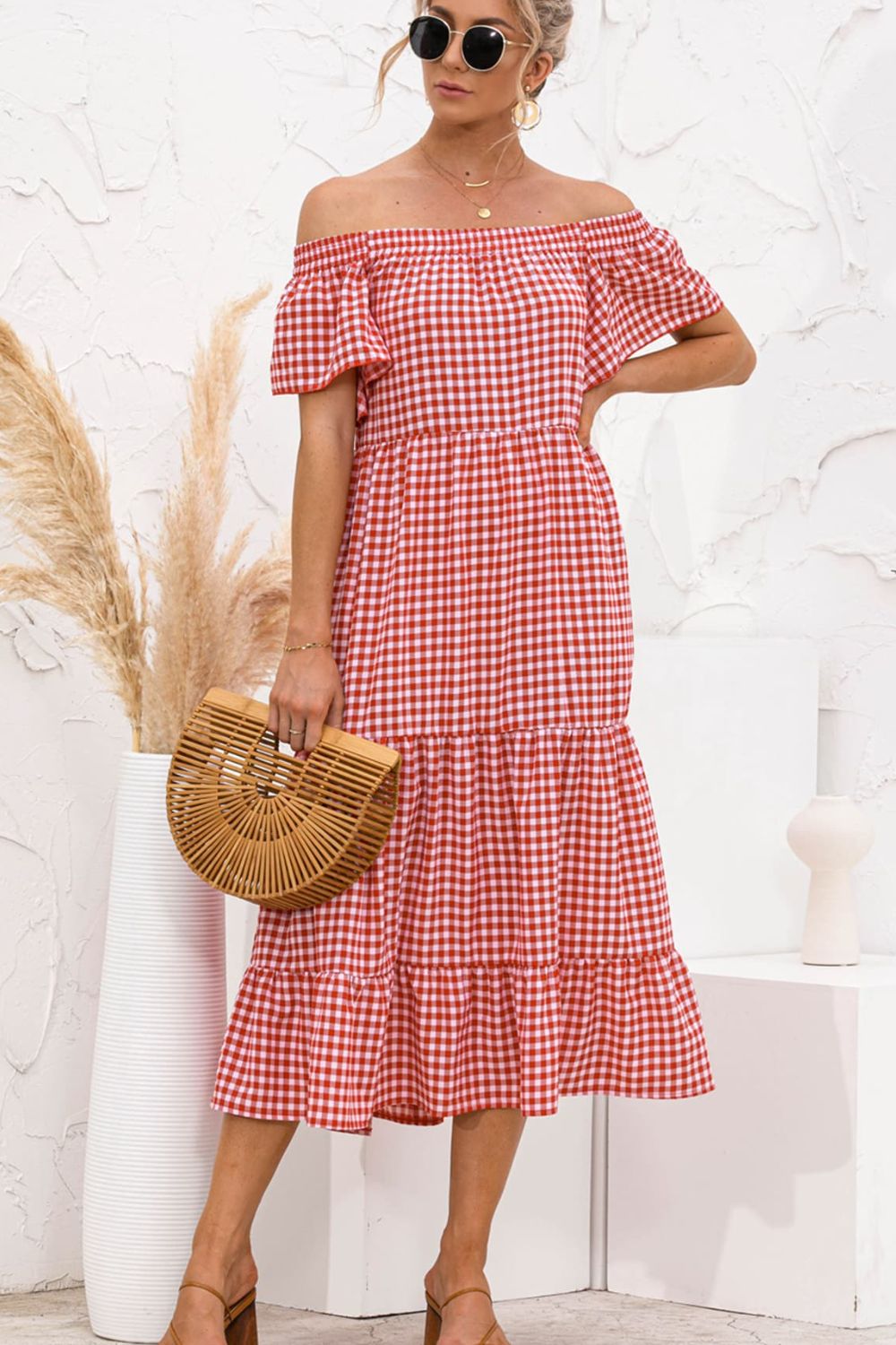 LIZAKOSHT  -  Plaid Off-Shoulder Tiered Midi Dress