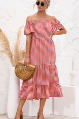LIZAKOSHT  -  Plaid Off-Shoulder Tiered Midi Dress