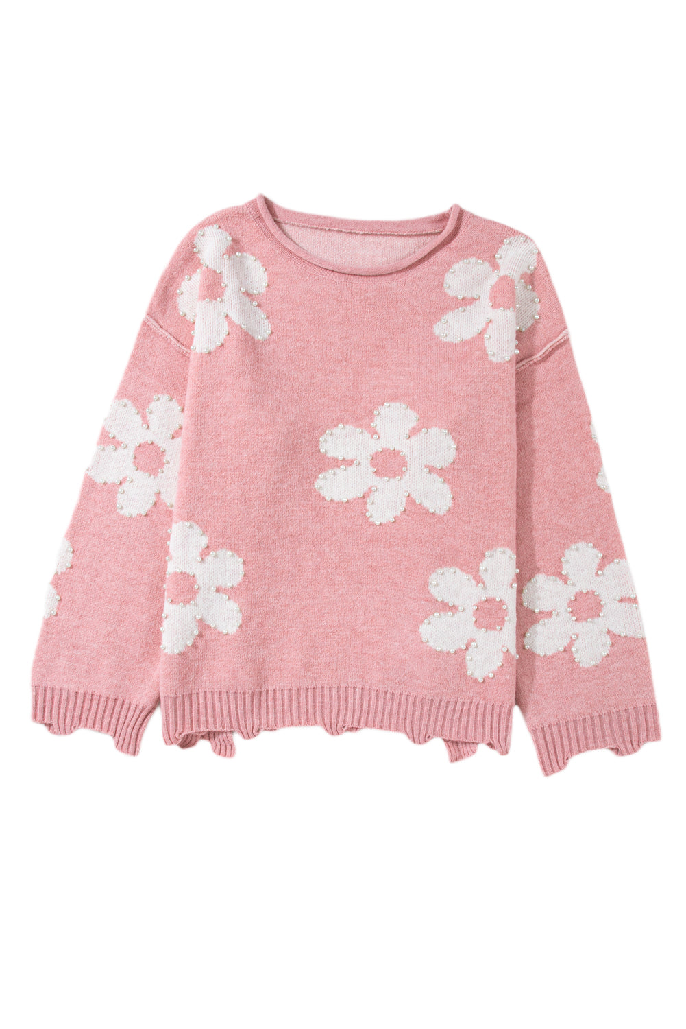 LIZAKOSHT  -  Pearl Trim Flower Round Neck Sweater