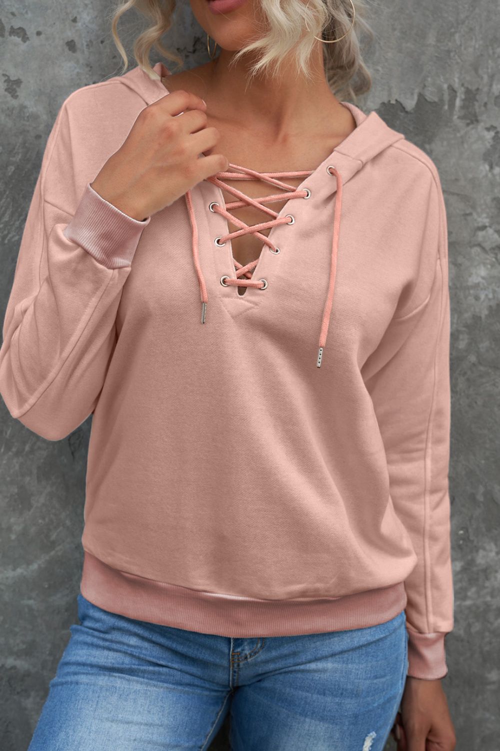 LIZAKOSHT  -  Lace Up Long Sleeve Hoodie