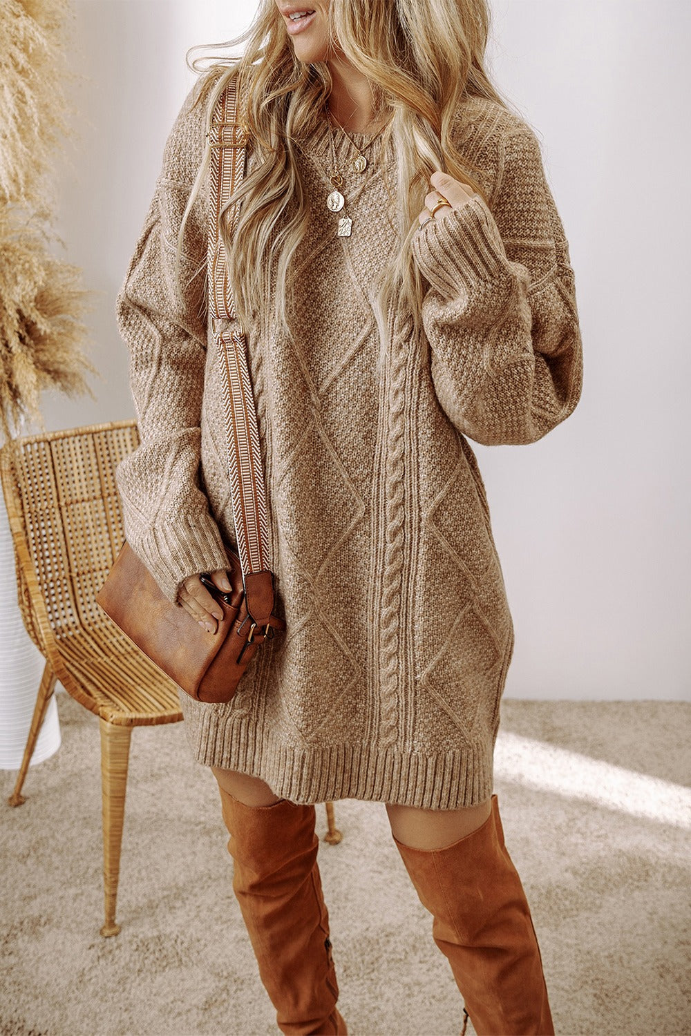 LIZAKOSHT  -  Cable-Knit Round Neck Sweater Dress