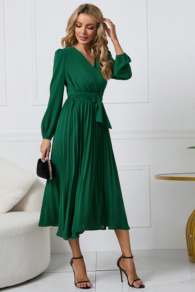 LIZAKOSHT  -  V-Neck Long Sleeve Tie Waist Midi Dress