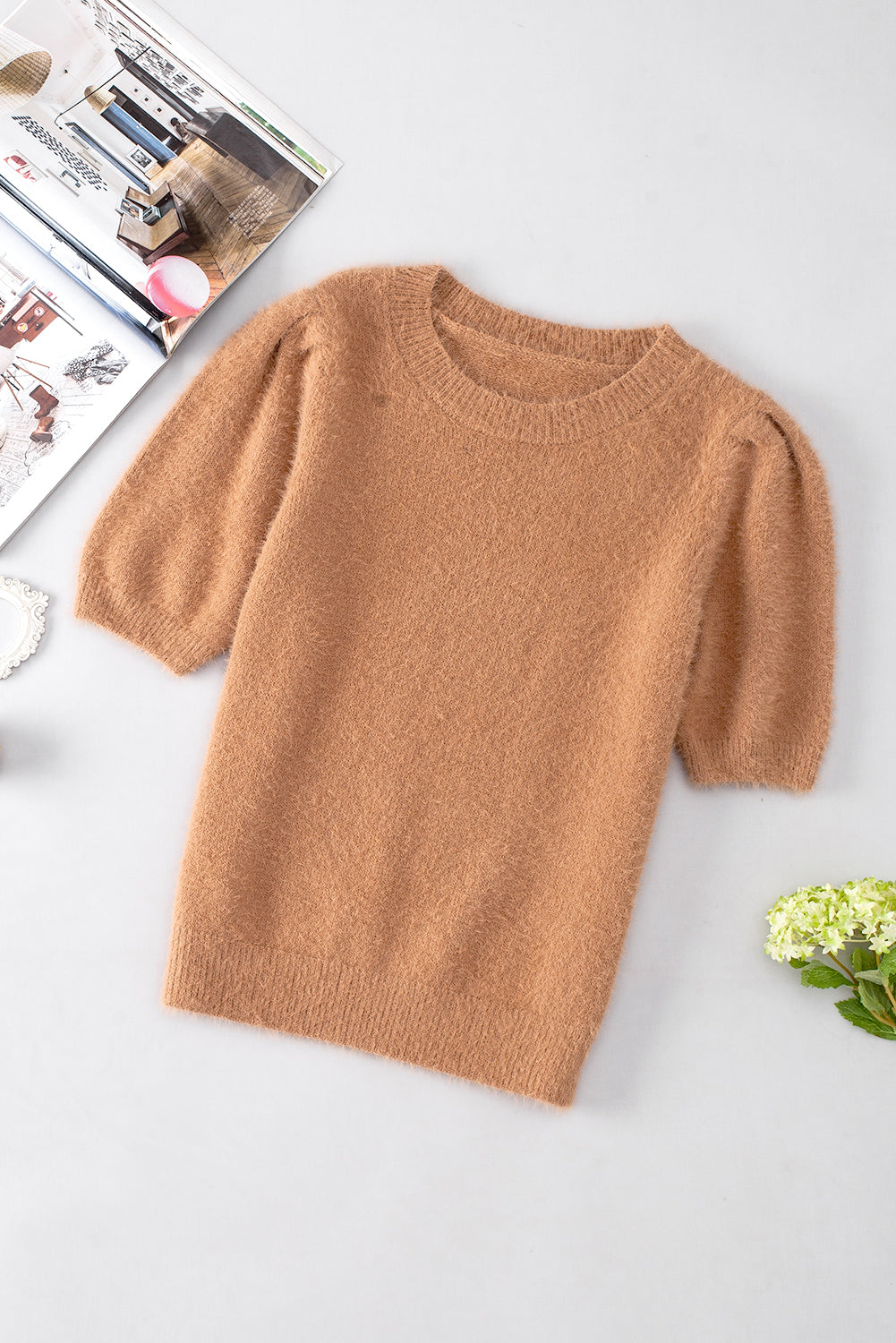 LIZAKOSHT  -  Fuzzy Round Neck Half Sleeve Sweater