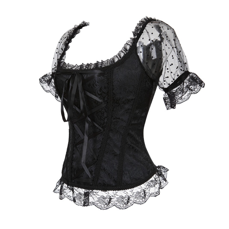 Lizakosht Summer Shirts Women Steampunk Lace Patchwork Tops Short Sleeves Stand Collar Tops Vintage Party Cocktail Gothic Retro Blouse New