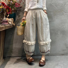 Lizakosht Mori series Japan style elastic waist casual ankle-length pants embroidery linen pants