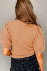 LIZAKOSHT  -  Fuzzy Round Neck Half Sleeve Sweater
