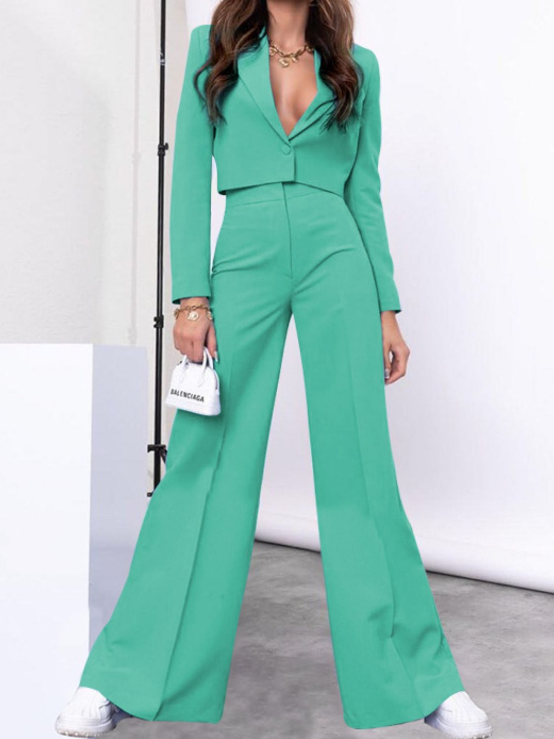 LIZAKOSHT  -  Lapel Collar Cropped Top and Wide Leg Pants Set