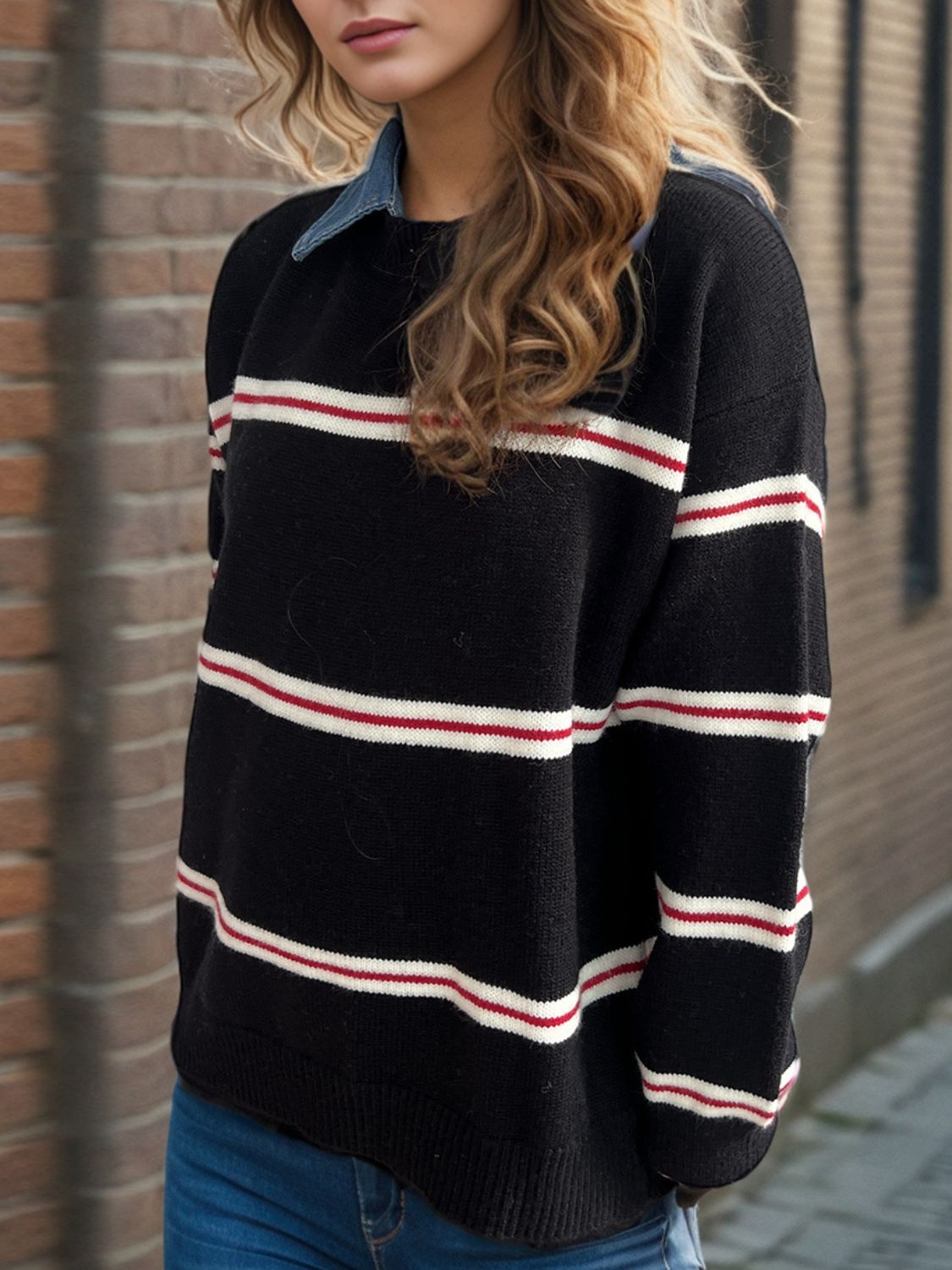 LIZAKOSHT  -  Contrast Stripes Round Neck Long Sleeve Sweater