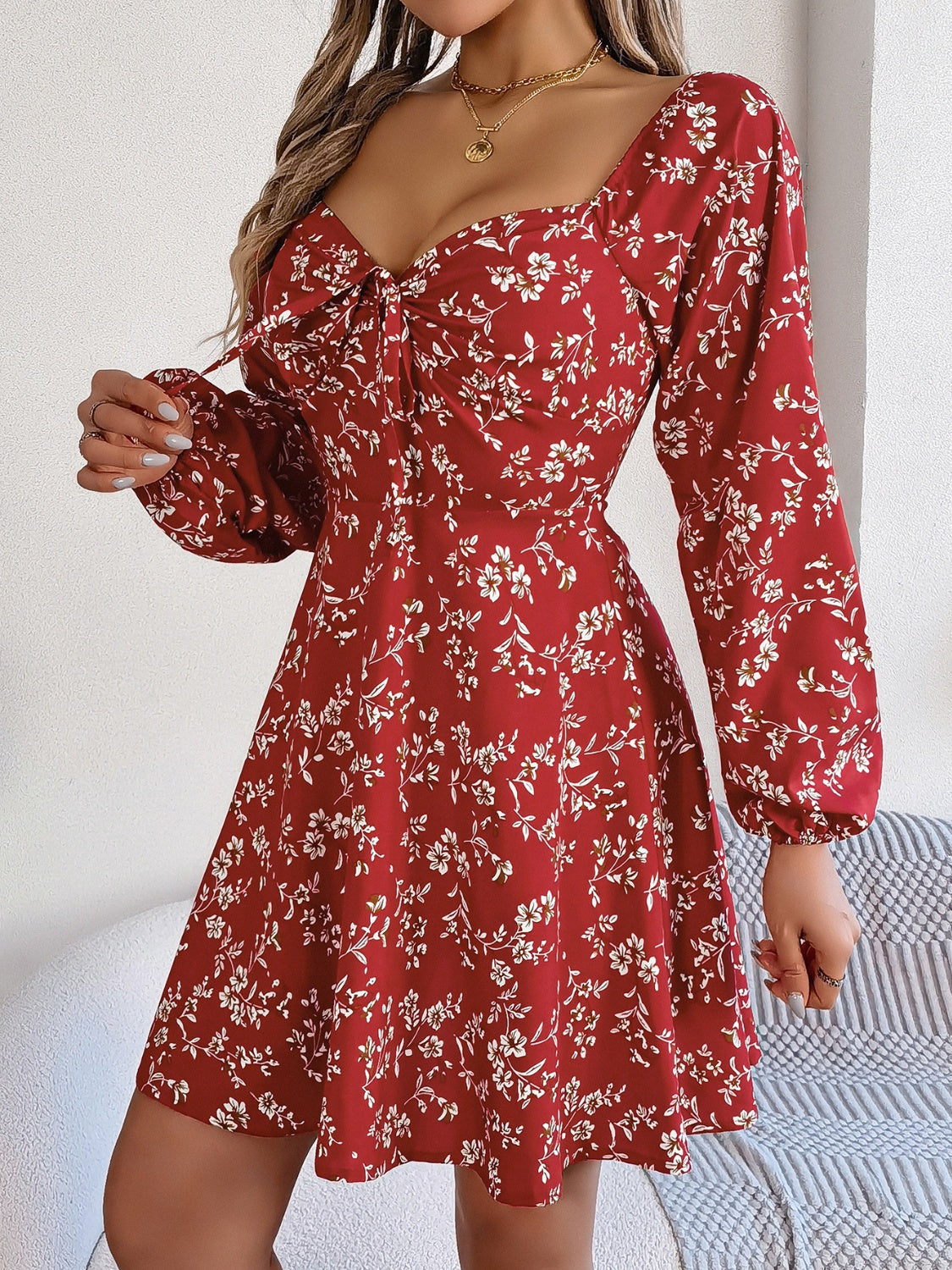 LIZAKOSHT  -  Printed Sweetheart Neck Balloon Sleeve Mini Dress