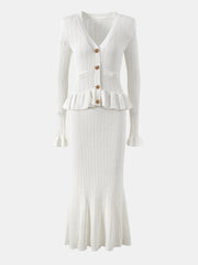 LIZAKOSHT  -  Ruffled V-Neck Top and Midi Skirt Sweater Set
